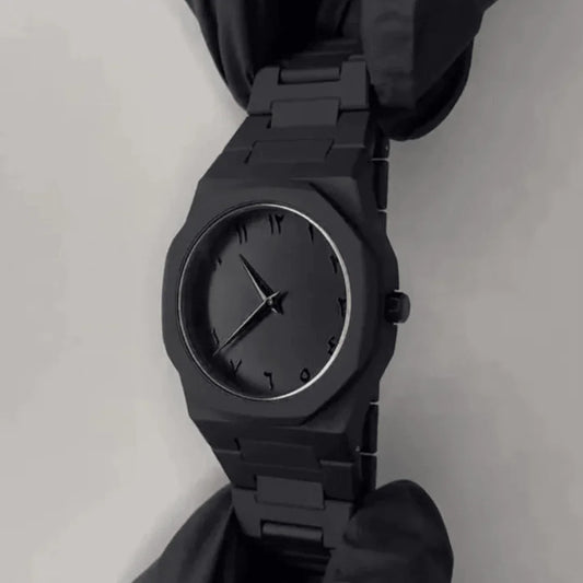 All-black minimalist octagonal watch with metal bracelet - Souq Sama UAE