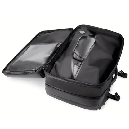 Black travel backpack with mesh pockets and padded interior - Souq Sama UAE
