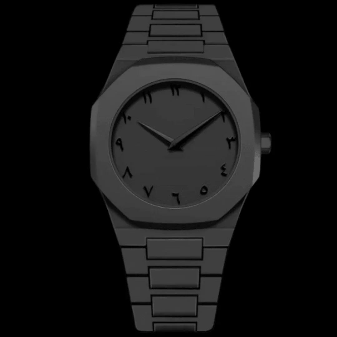 All-black luxury octagonal watch with metal bracelet, sleek design - Souq Sama