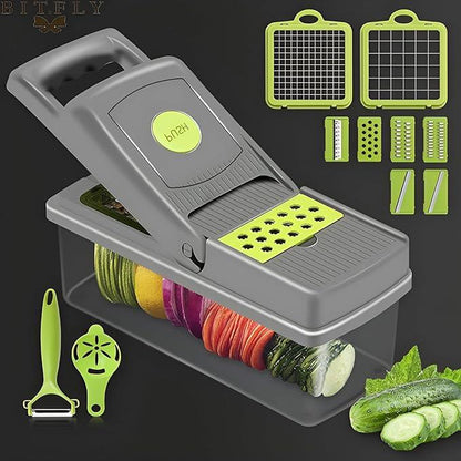 Grey and green vegetable slicer with storage container - Souq Sama UAE