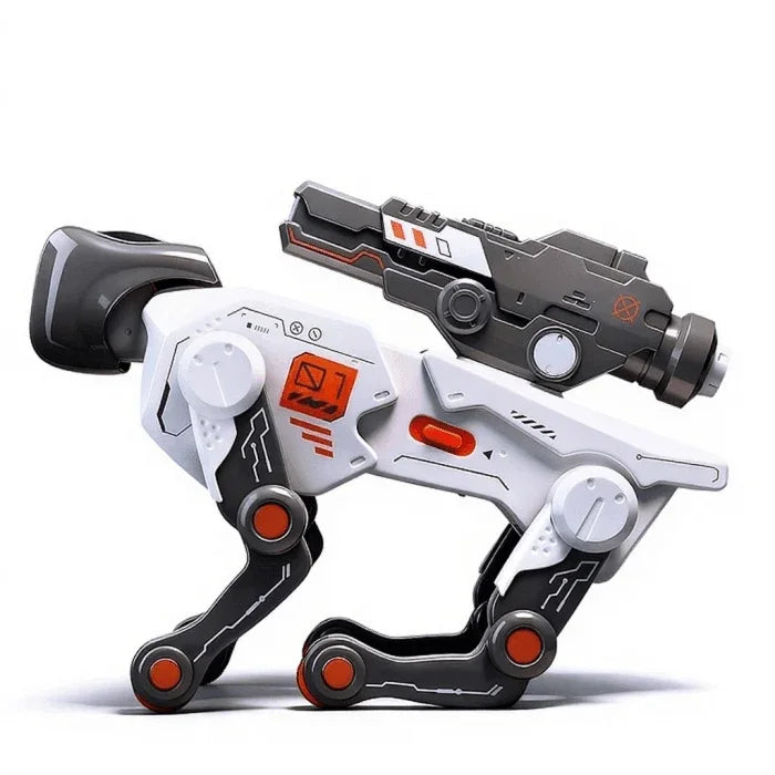 White and black robotic dog toy with blaster - Souq Sama UAE