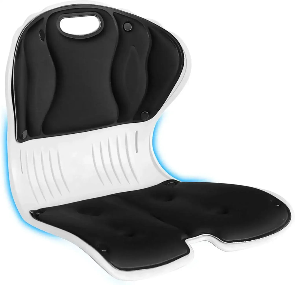 Ergonomic black and white seat cushion with lumbar support and contoured design for comfort